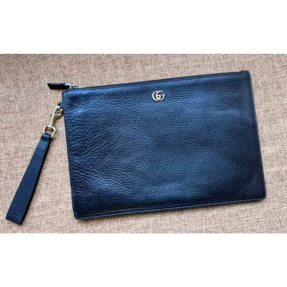 Auth. Gucci GG Marmont Black Leather Pouch Clutch - Picture 1 of 16